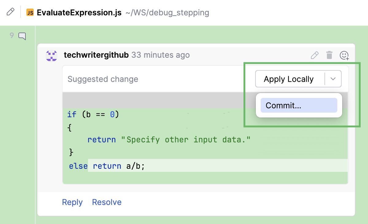 GitHub suggested change apply locally