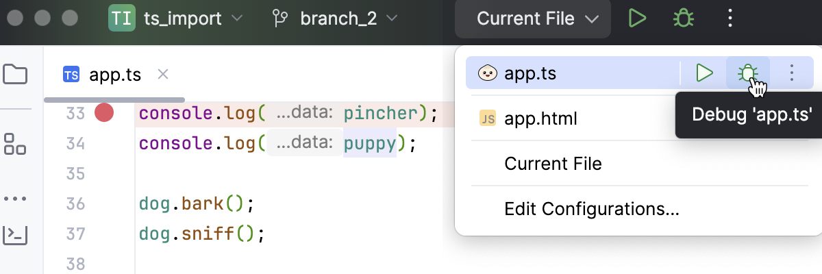 Start a Bun debugging session with a run/debug configuration