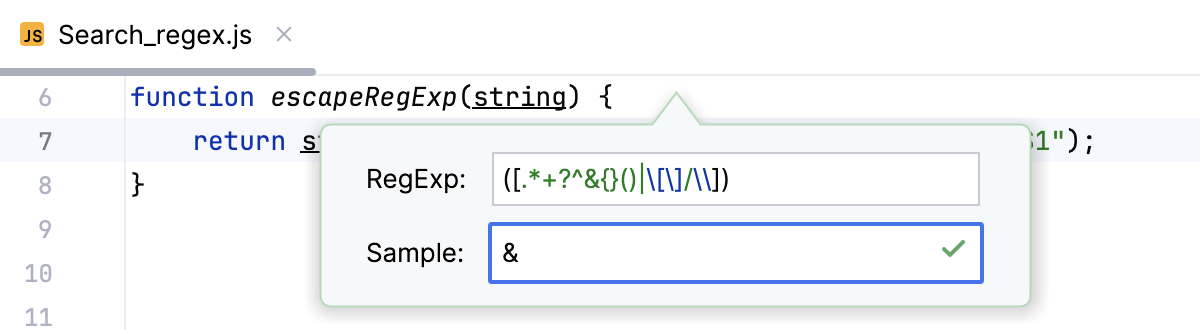 A dialog with current regex