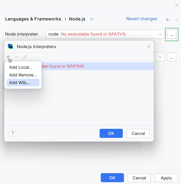 Configure WSL Node.js interpreter: add WSL