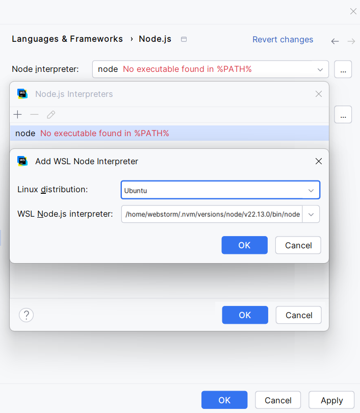 Configuring Node.js on WSL as the default project node interpreter