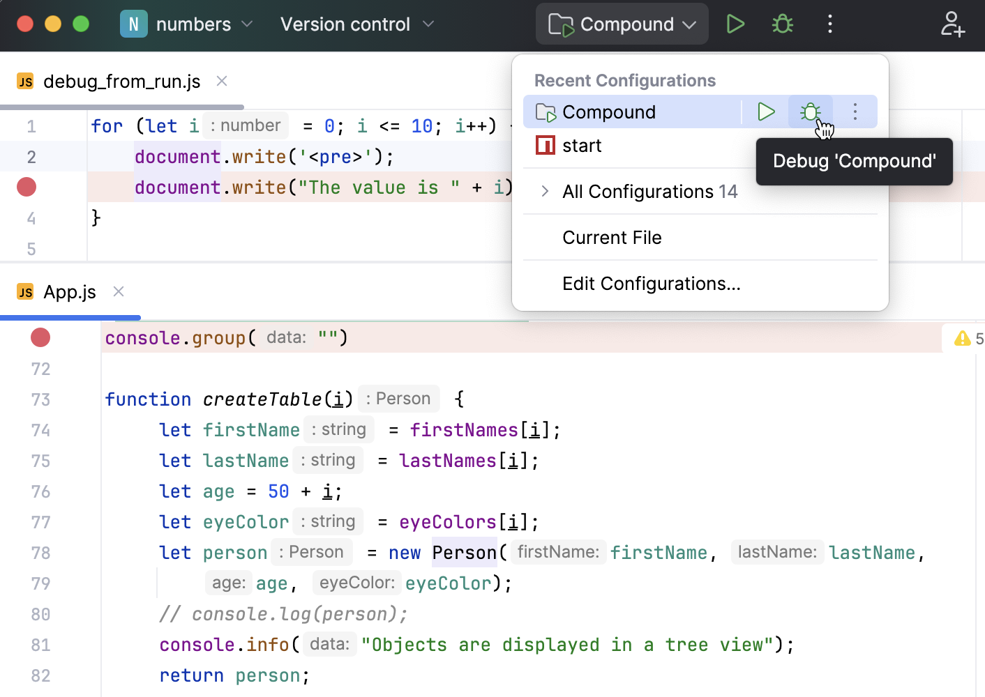 Creating and launching a compound run/debug configuration