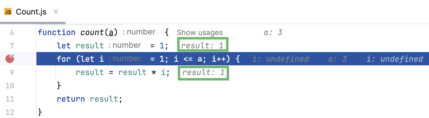 Variable values are displayed at the lines where they are used