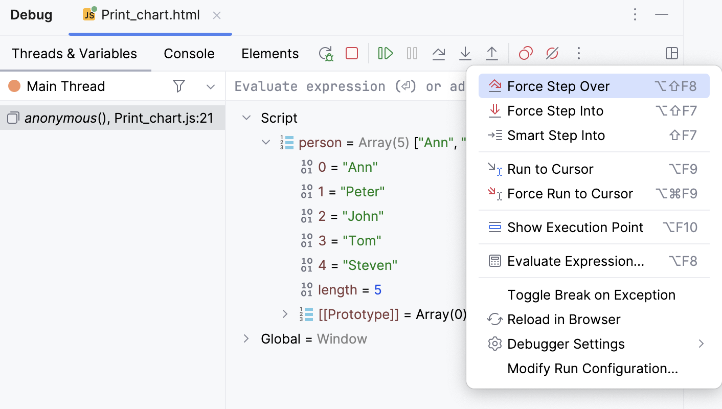 Debug tool window: stepping actions on the toolbar