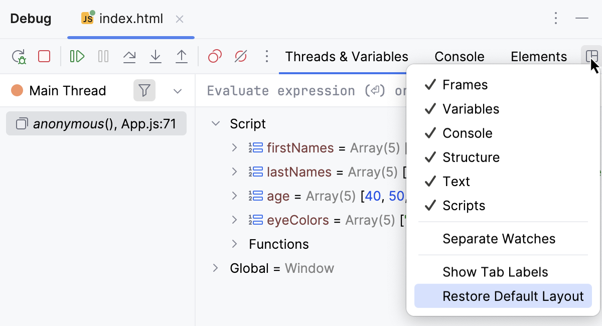 Layout options menu