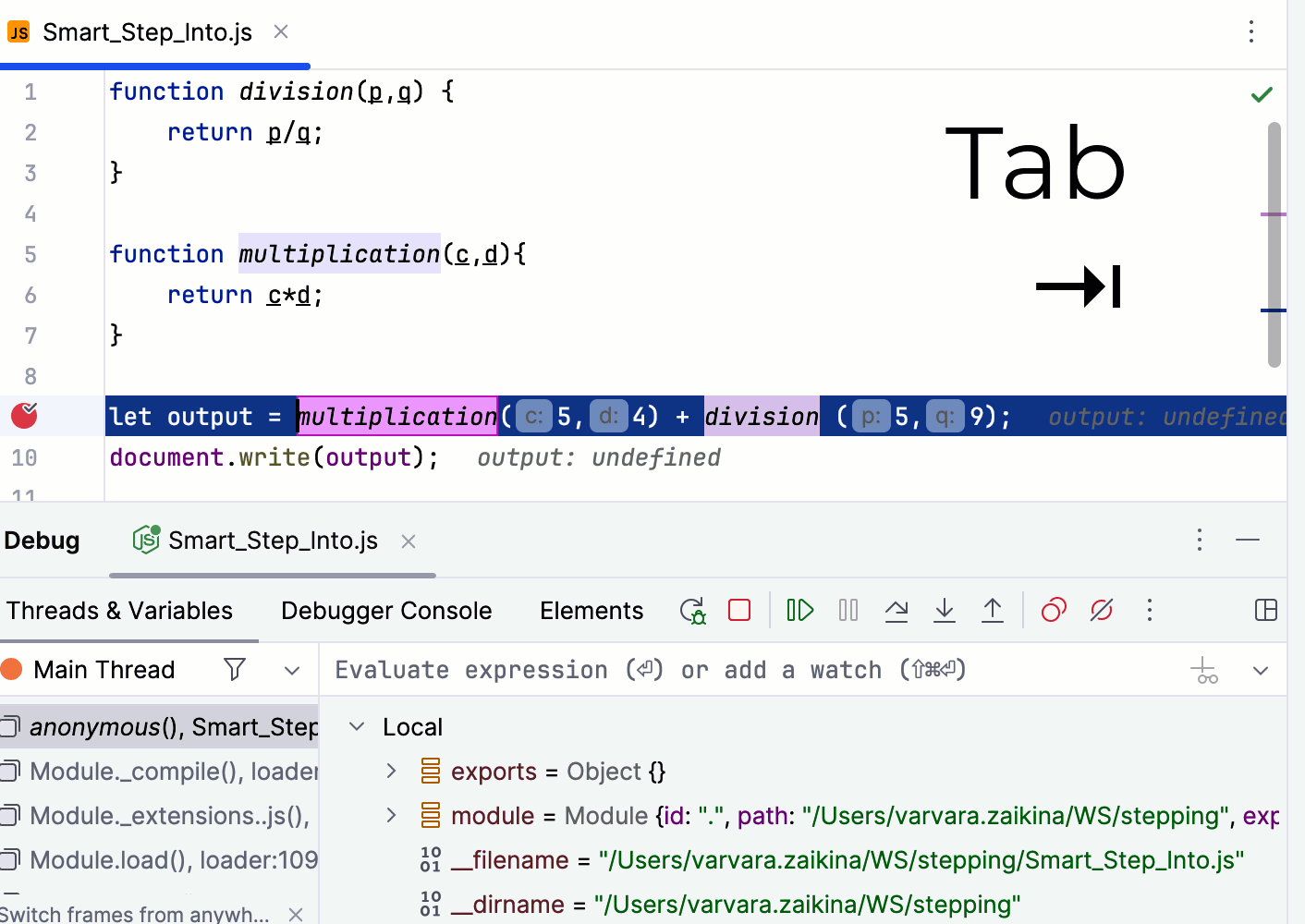 Step into on a line with multiple method calls: automatic smart step into