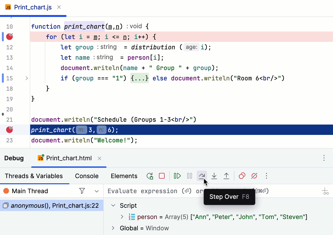 Step over: stopping at a breakpoint within the skipped method