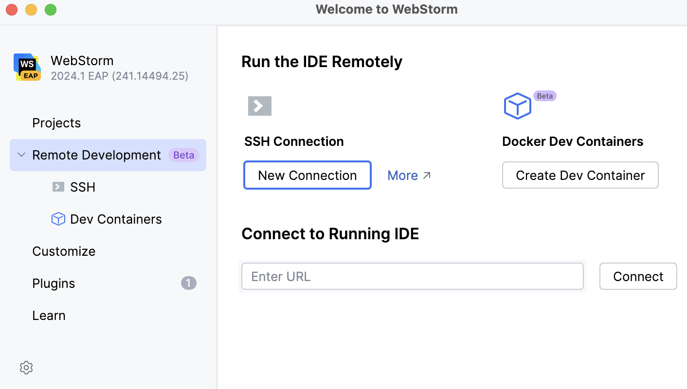 Configuring remote development settings on Welcome screen