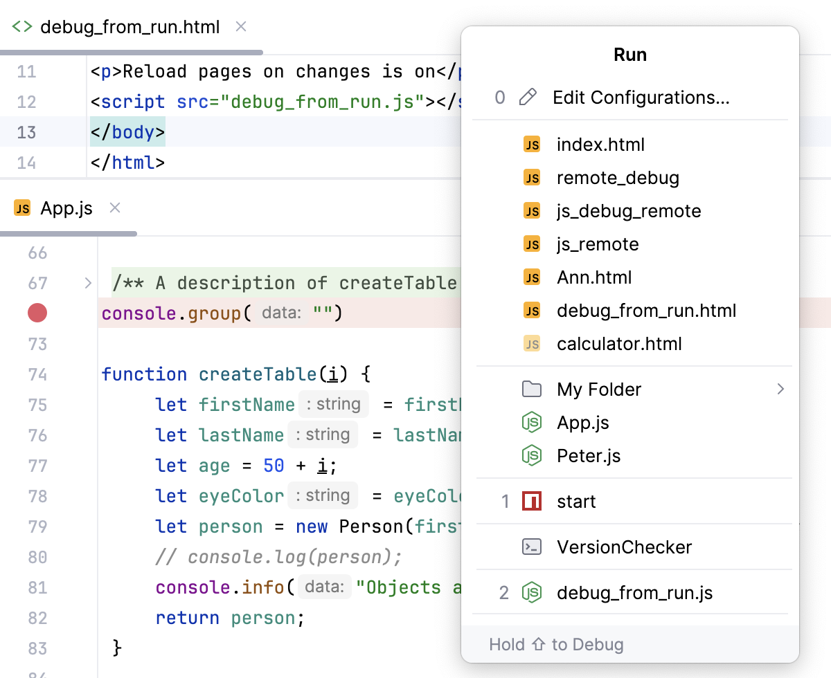 Run/Debug Configurations popup