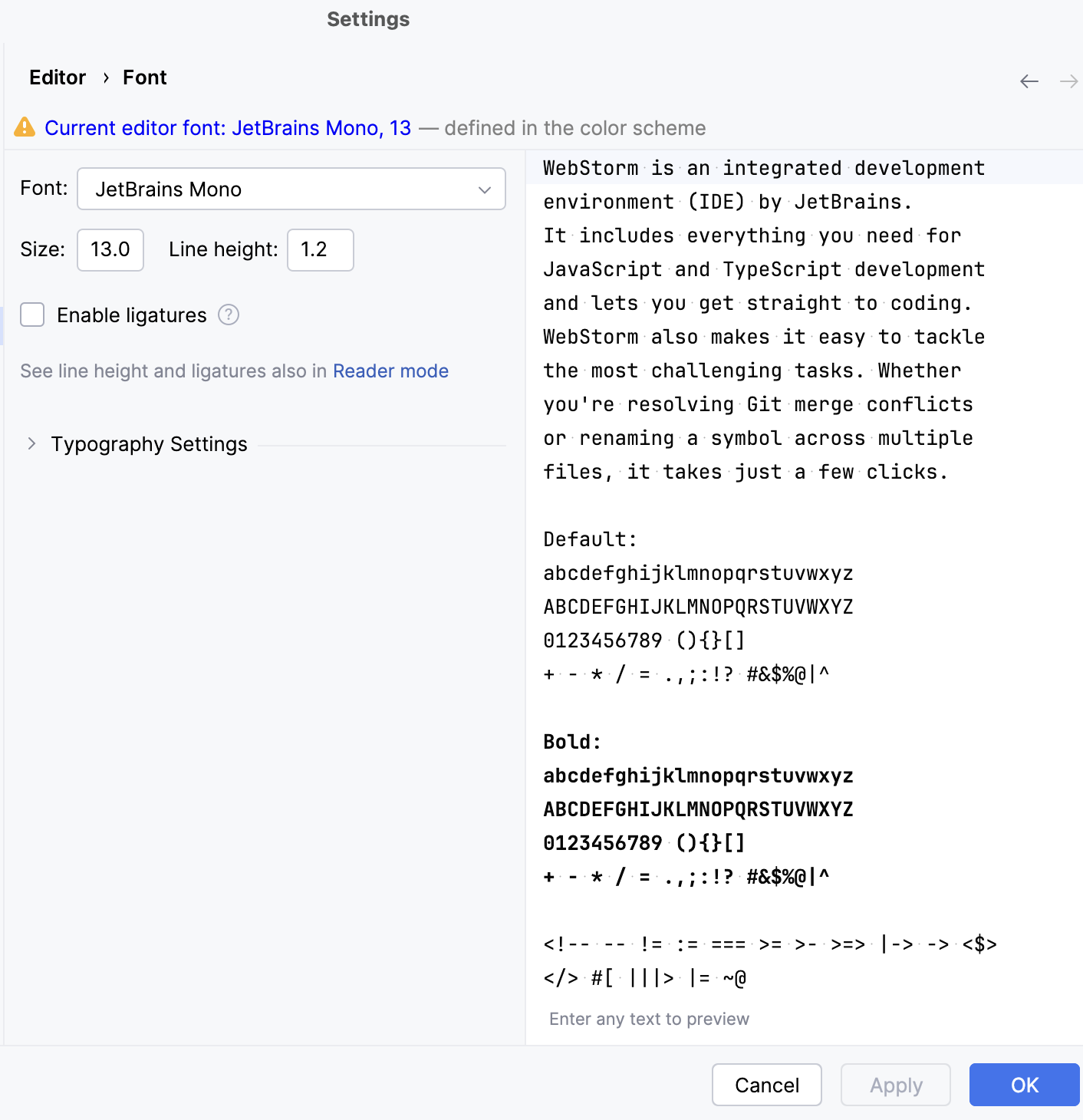 The Font settings page