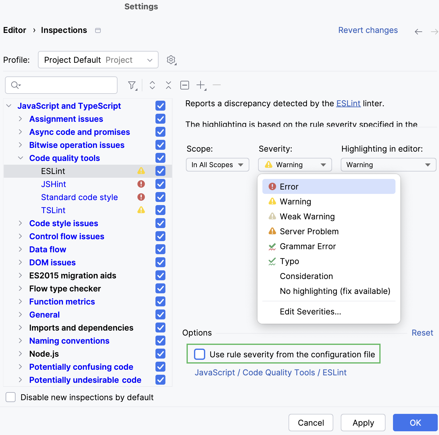 Specifying a custom severity level for ESLint