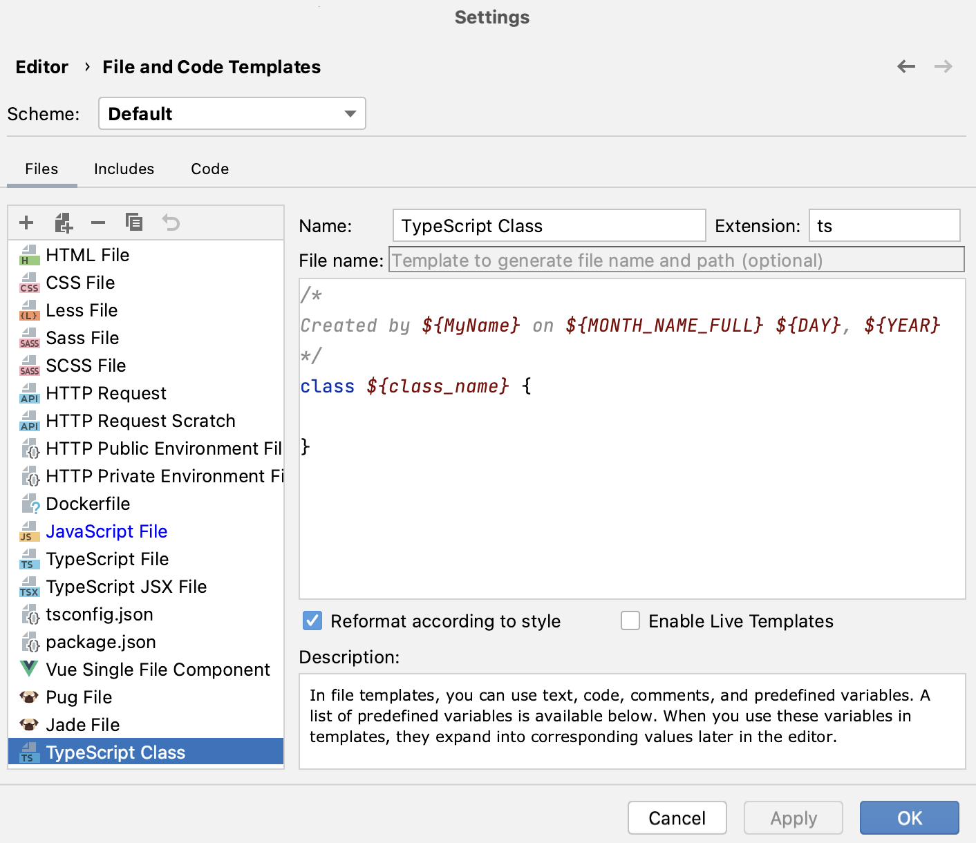 A custom template for creating a TypeScript class