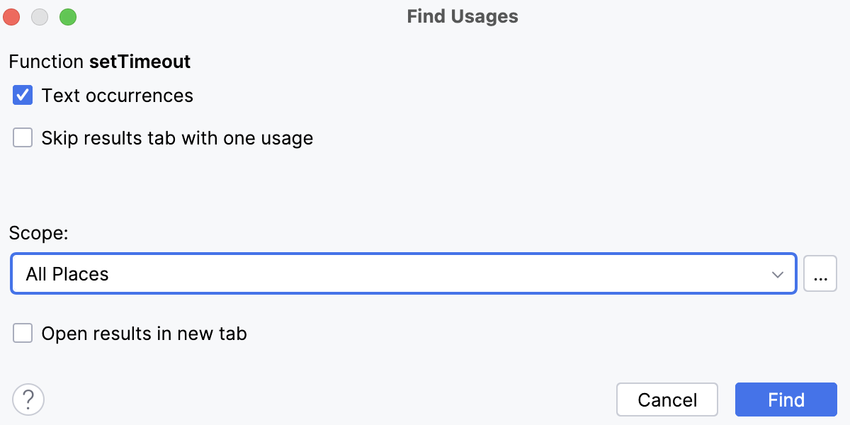 Find Usages dialog (settings for Find Usages)