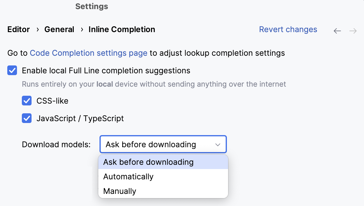 Download model for full line completion