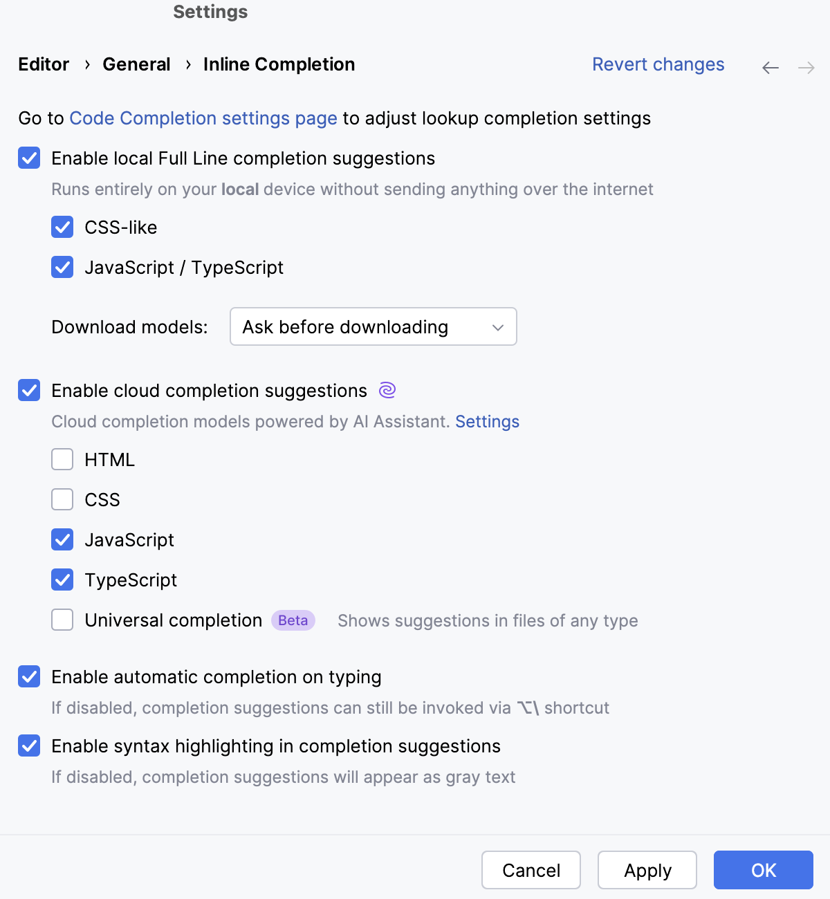 Enabling full line code completion