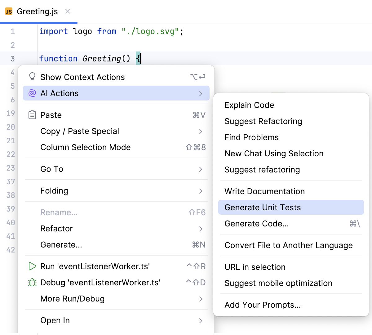 Generate Unit Tests action in context menu