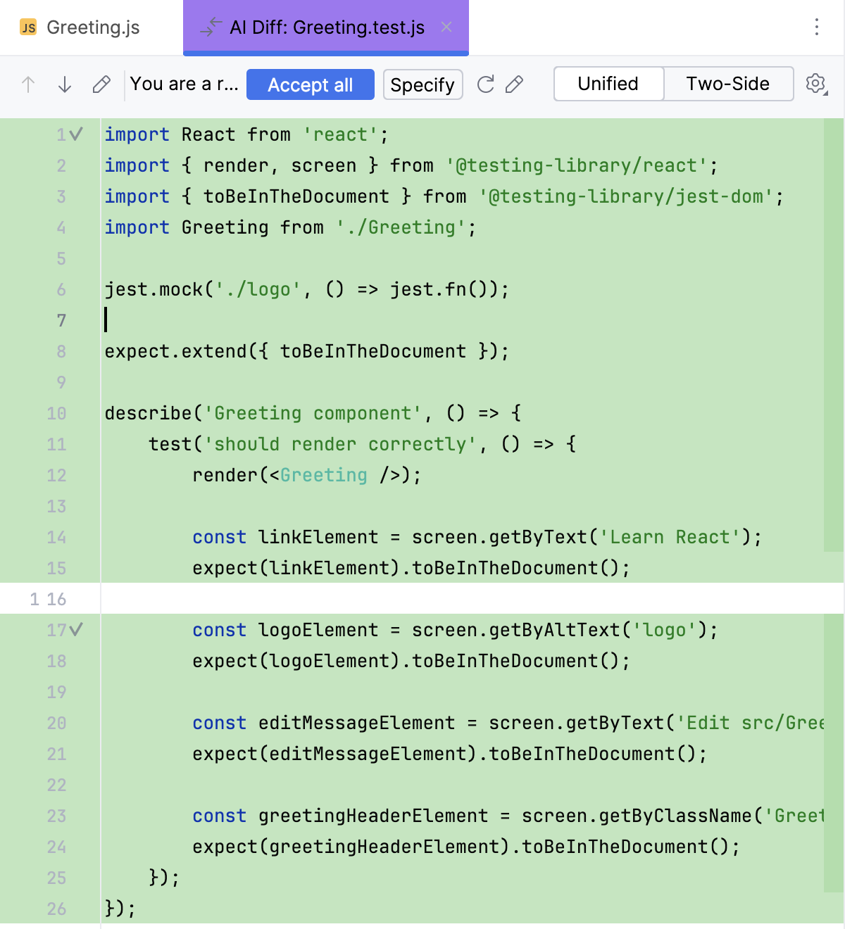 Generated unit test in a separate AI Diff tab