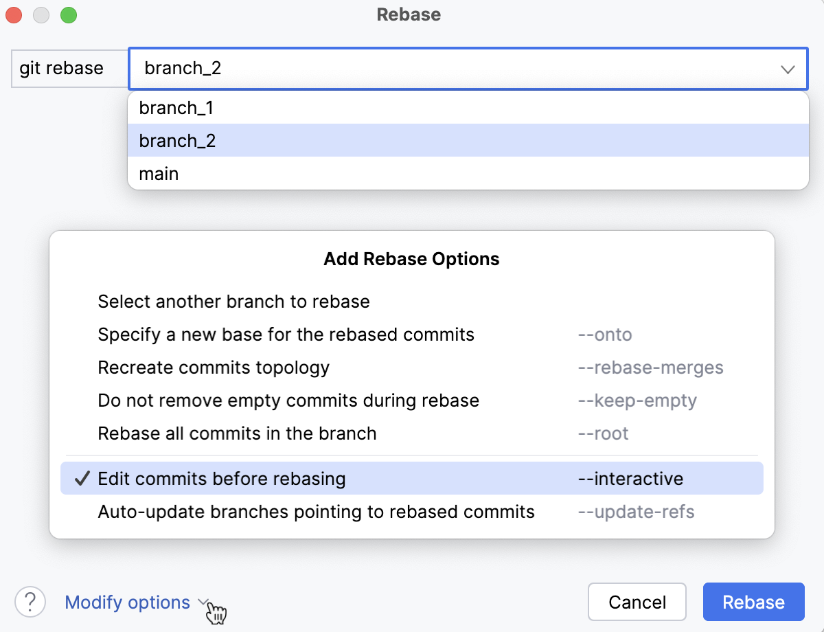 Choose target branch in the Git rebase dialog