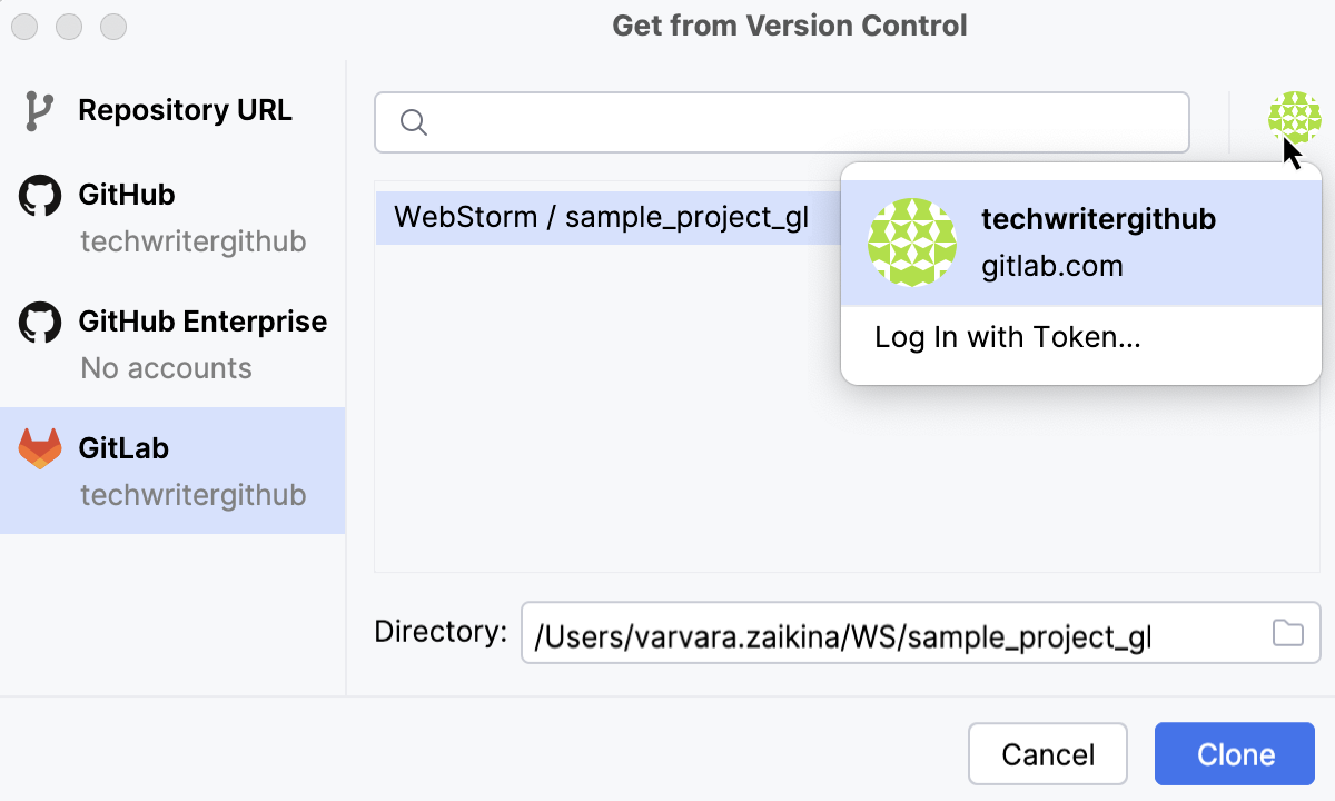 Get from VCS dialog - clone from GitLab