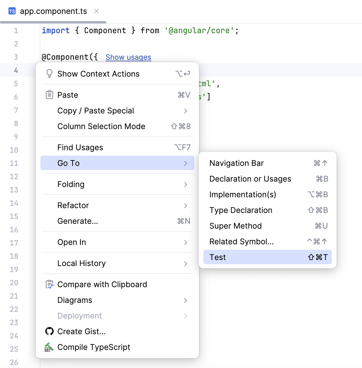 Navigate from a file to its test