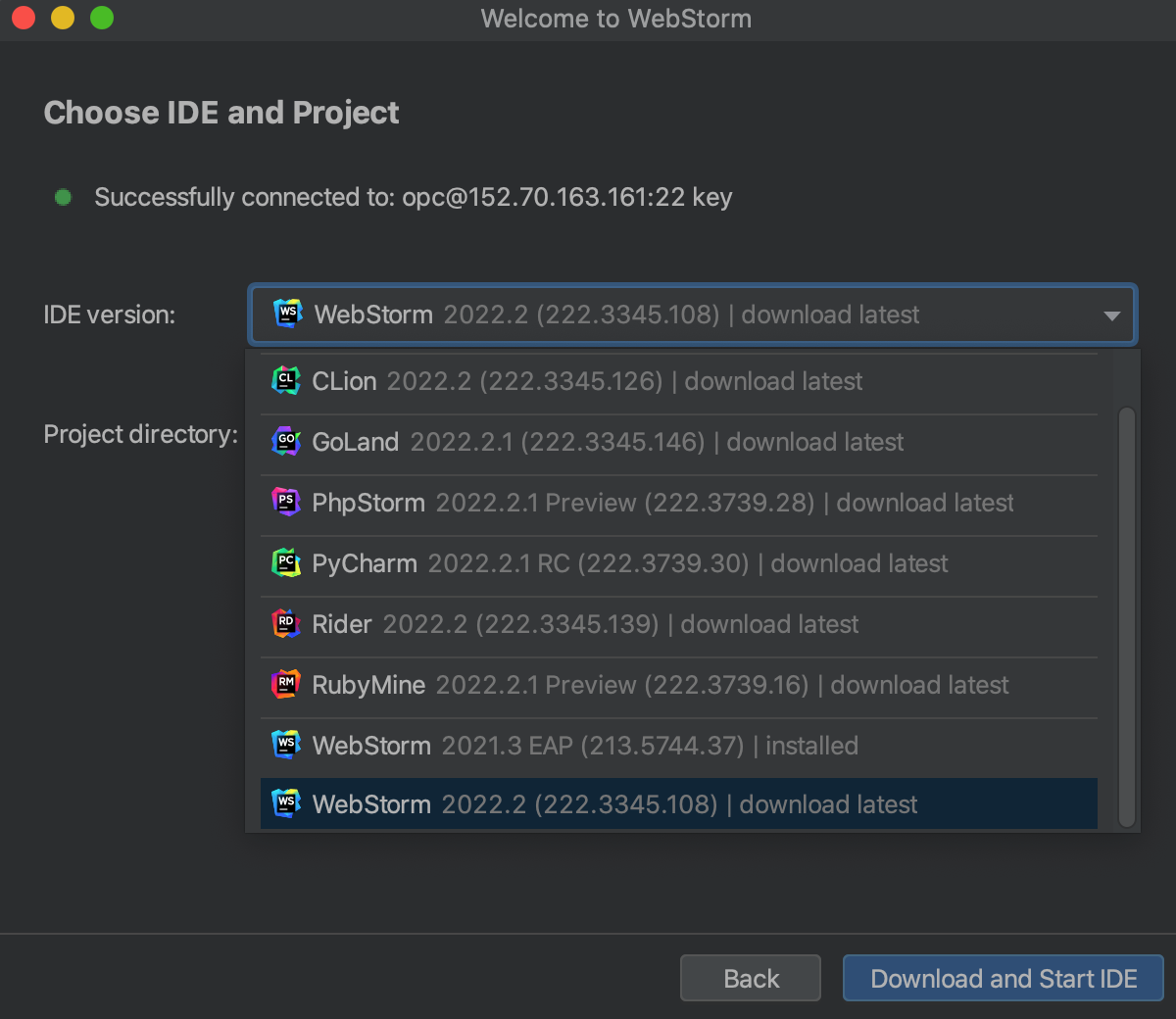 WebStorm welcome screen: IDE version field