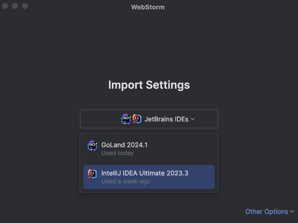 The Import Settings dialog with the opened drop-down list