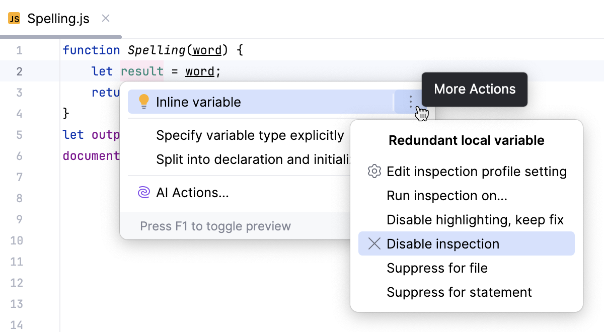 Disable an inspection in the editor