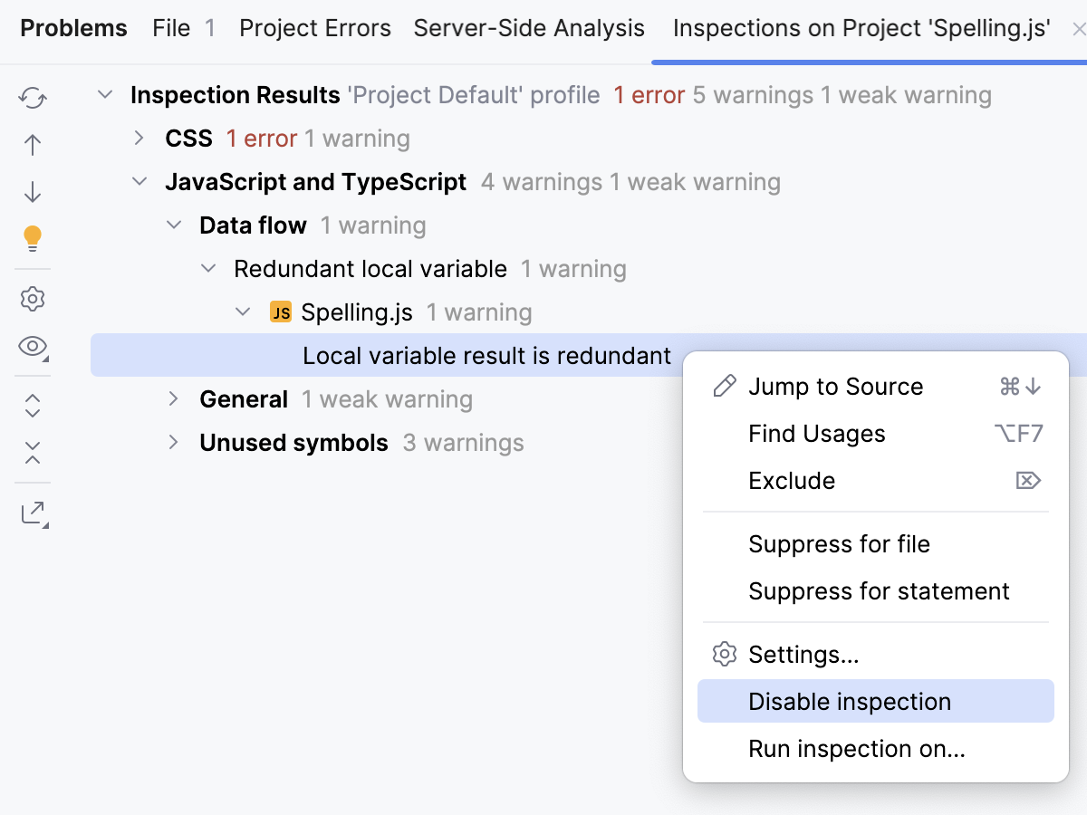 Disable inspections in the Problems tool window