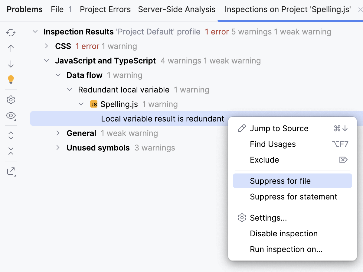 Suppressing an inspection in the Results tool window