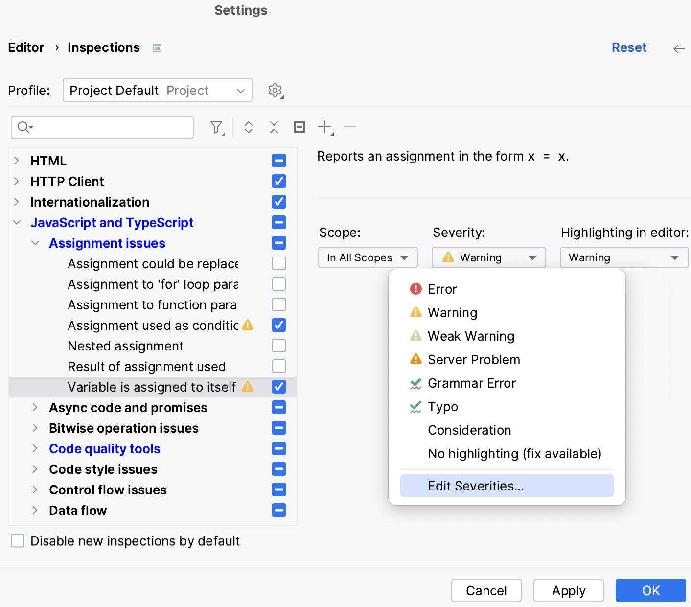 The list of inspections and their settings