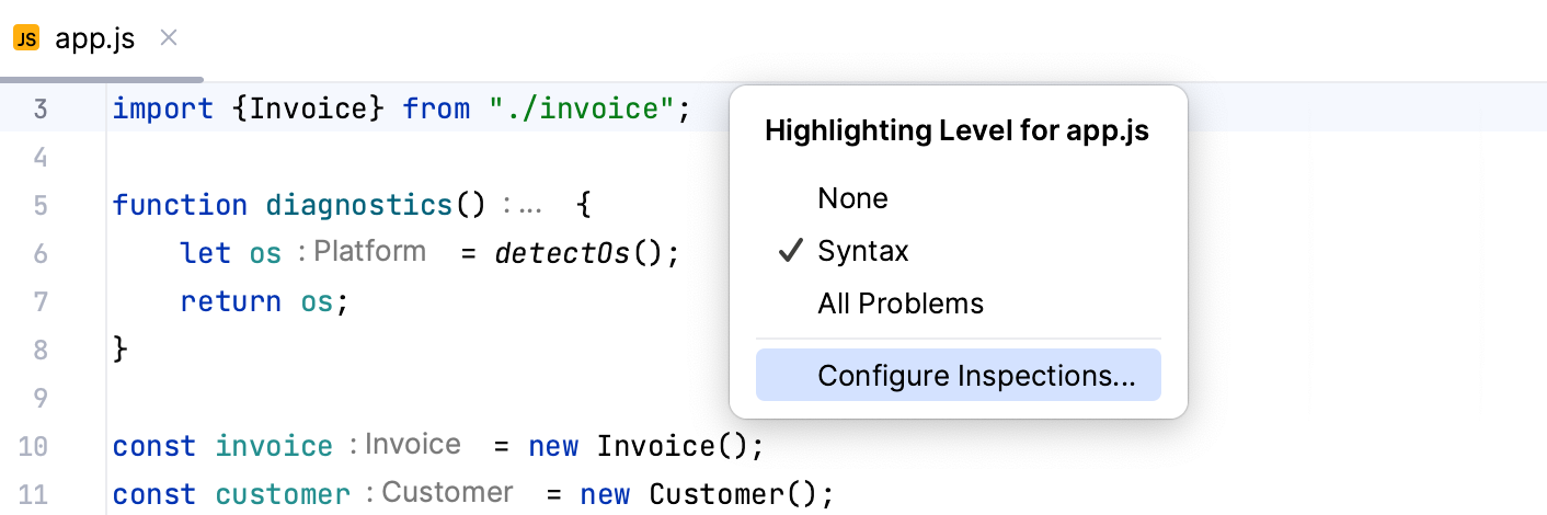 Open inspections settings from the editor