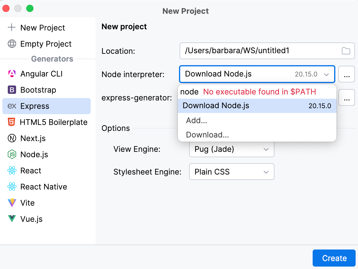 Installing Node.js during project creation in the Create Project dialog