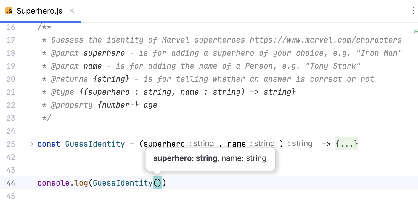 Parameter hints are shown based on type annotations within JSDoc in a JavaScript file