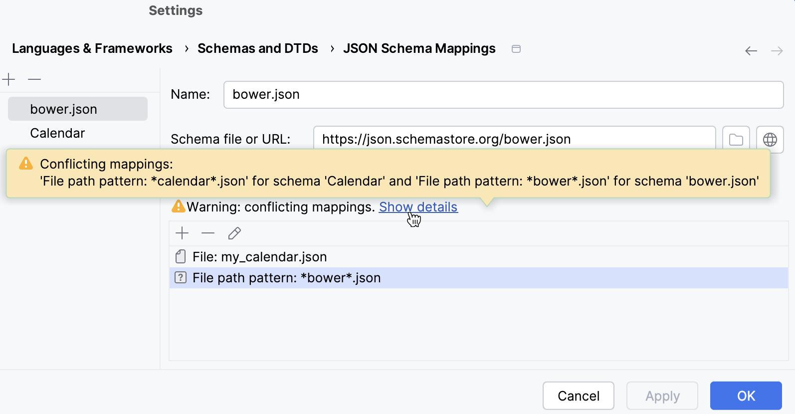 Notification about conflicting schema scopes in the Settings dialog