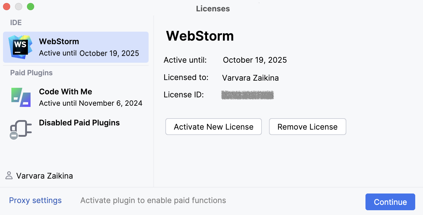 Activate WebStorm license with a JB Account. License details.