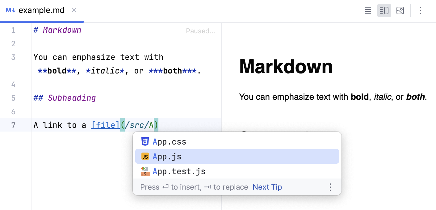 Markdown editor completion pop-up