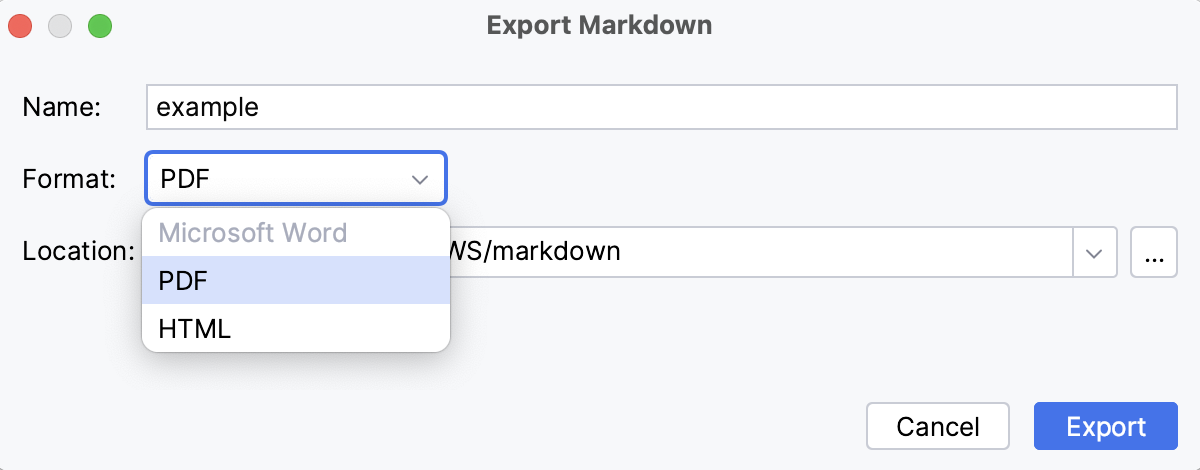 The Markdown Export dialog