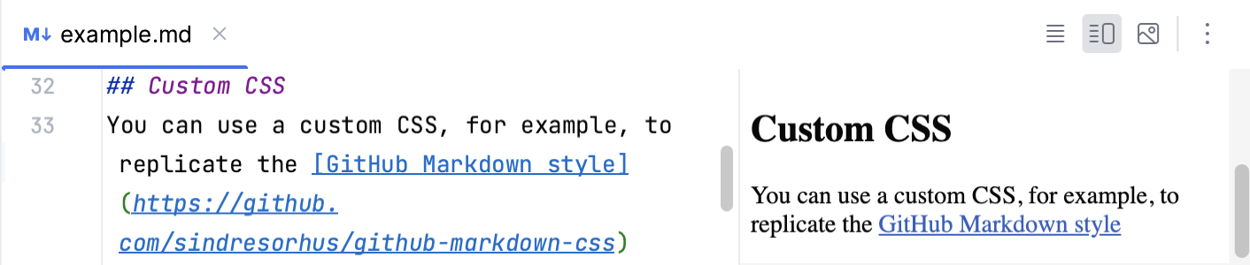 Markdown preview with a custom CSS that resembles GitHub rendering style