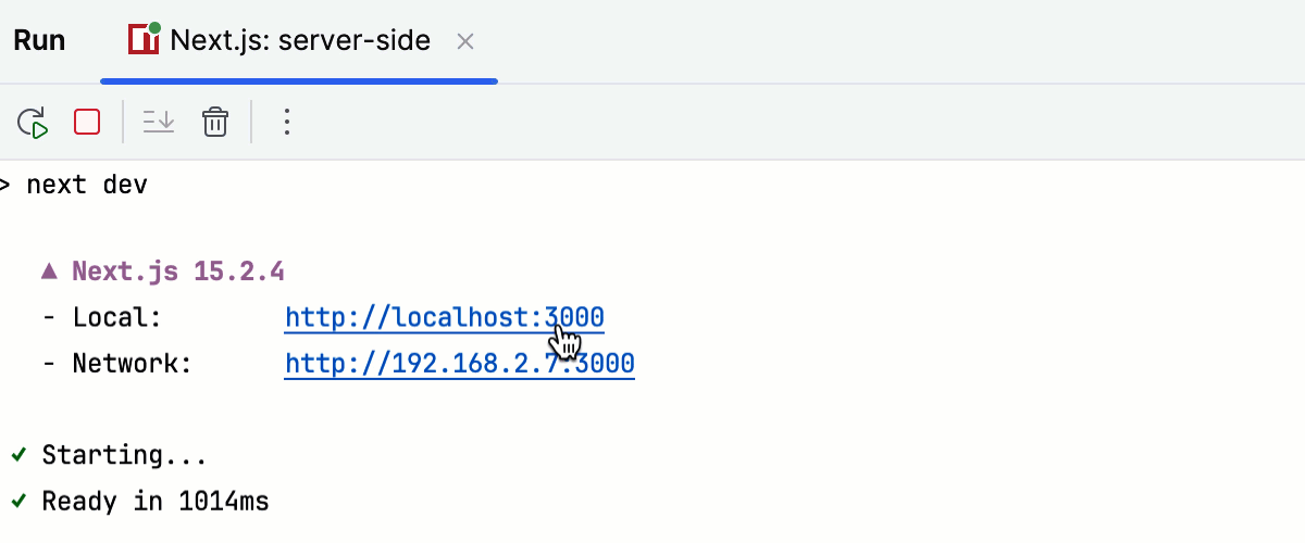Running Next.js app in the development mode: the Development server is ready