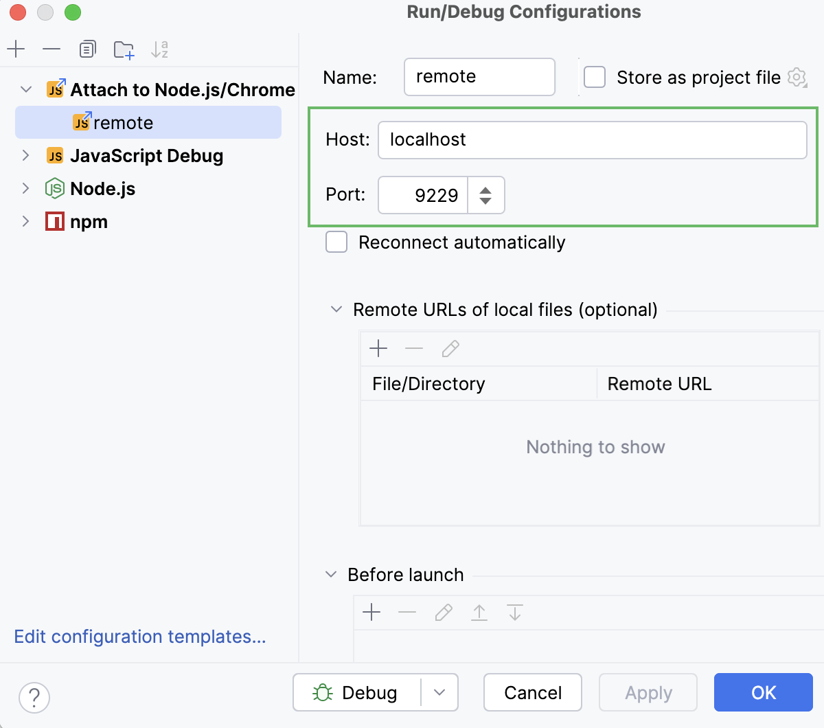 Attach to Node/Chrome run/debug configuration