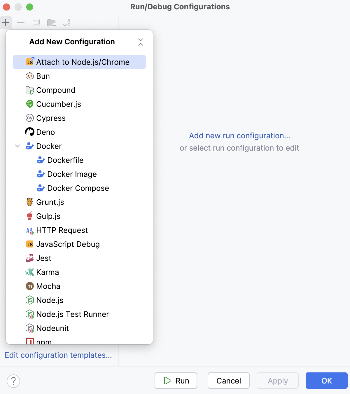 Select the Attach to Node.js /Chrome configuration type