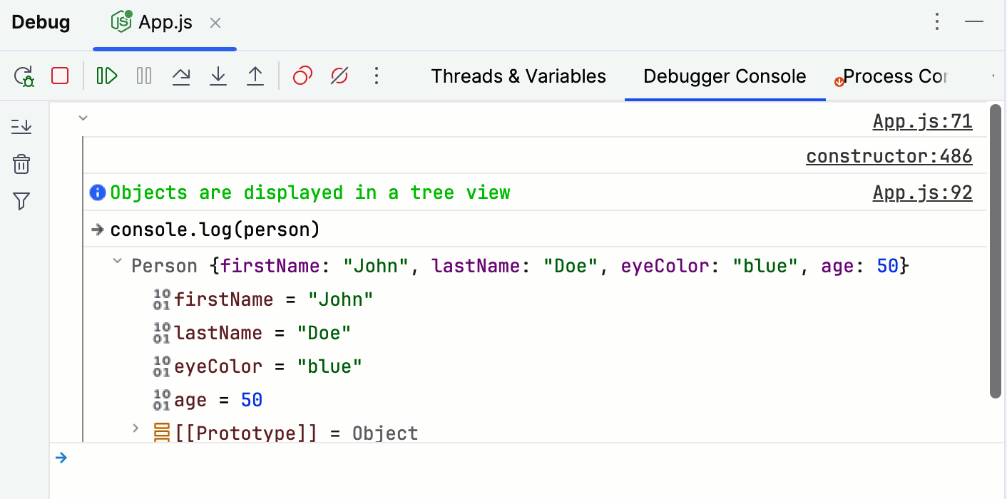 Node interactive debugger console: run JavaScript code