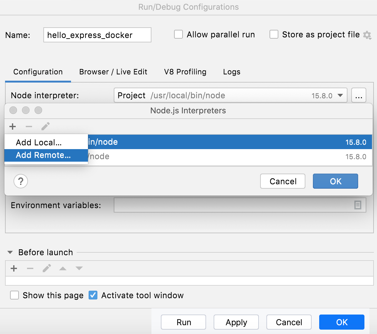Node.js with Docker: run/debug configuration, configure interpreter, select Add Remote