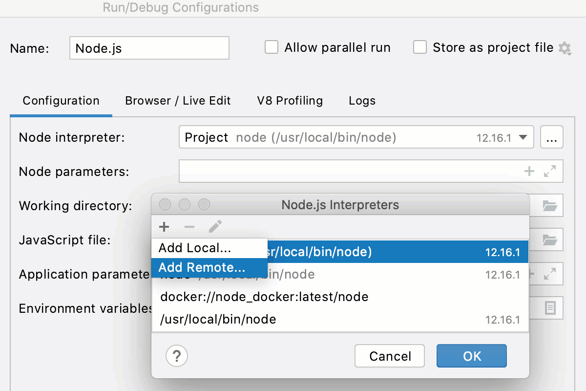 Open the Node.js Interpreters dialog from Node.js run configuration