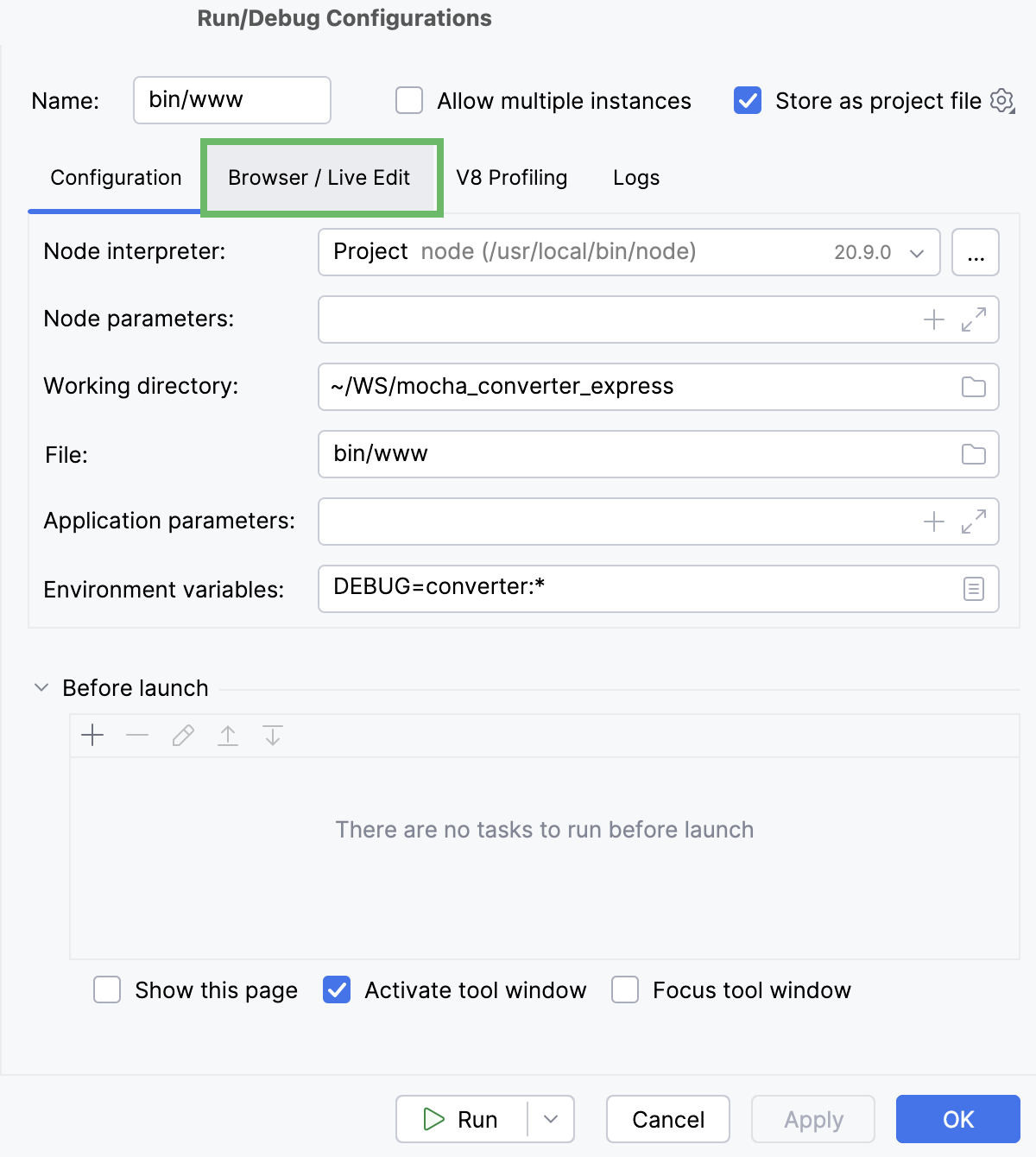 Run/Debug configurations: Node.js dialog, switch to the Browser/Live Edit tab