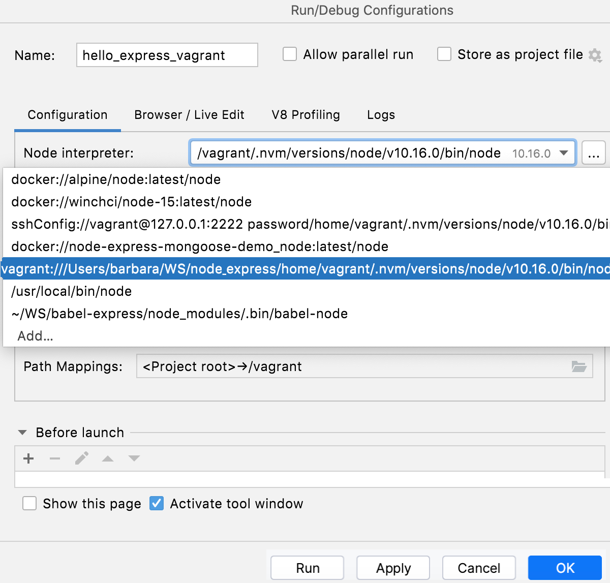 Node.js with Vagrant: run/debug configuration, select interpreter