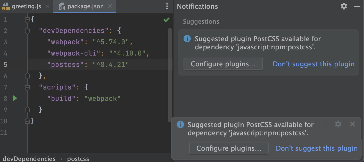 Notifications in WebStorm