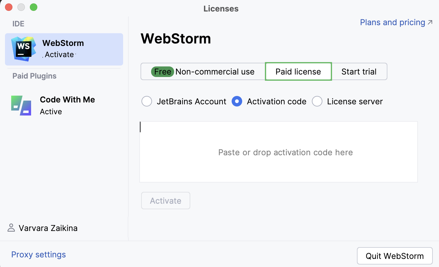 Activate WebStorm license with an activation code