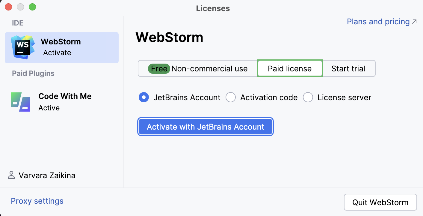 Activate WebStorm license with a JB Account