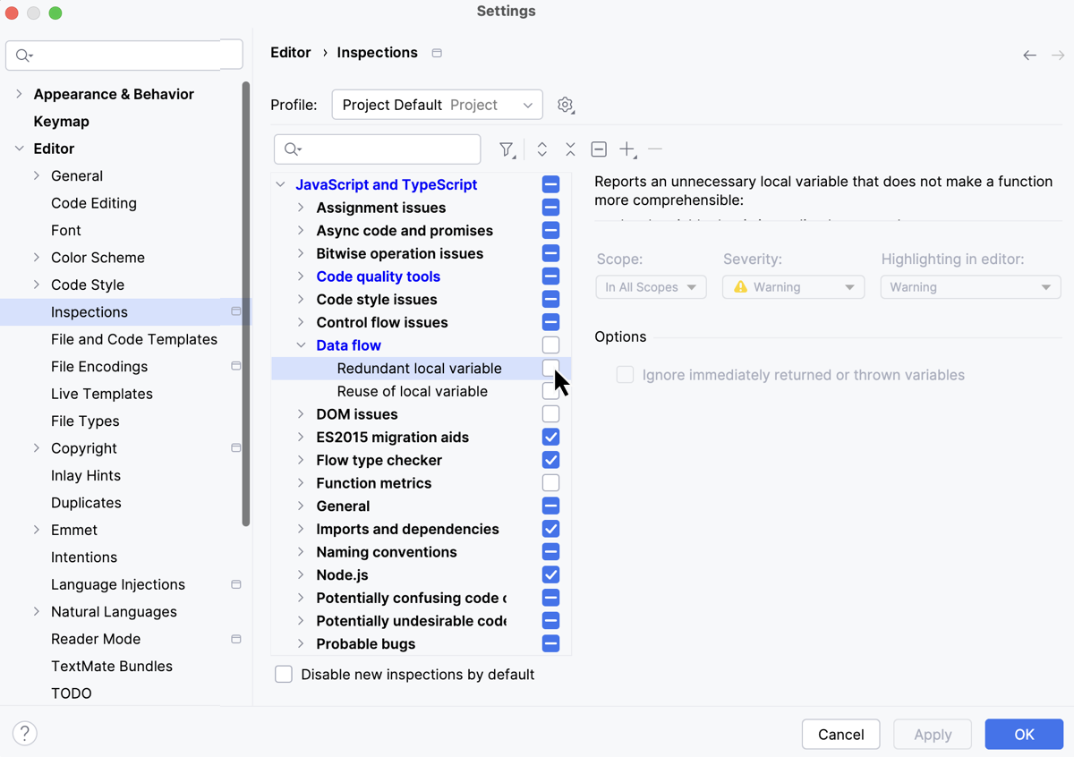 Re-enable inspections in the Settings dialog